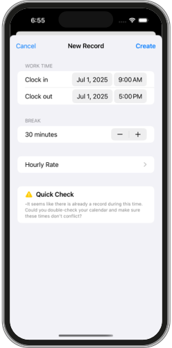 WorkClock app screenshot - payrate and summaries